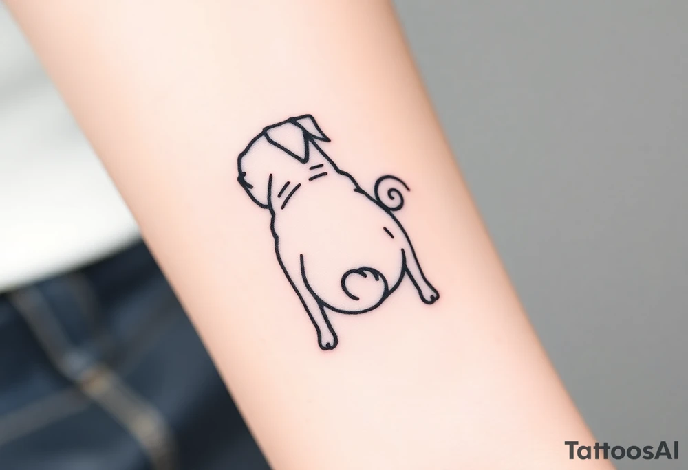 Small pug outline from behind with curly tail tattoo idea