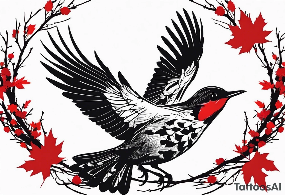 trash polka style. Arm tattoo. chest tattoo. Long tattoo. large tattoo. Full sleeve. Shoulder. A single large maple tree with red autumn leaves that branches upwards from wrist to shoulder. White-throated dipper bird on the trees branches. Calluna flowers at the base of the trees stem. Tree stem has dark colors. Red/yellow sunset behind the trees stem. Leaves falling. tattoo idea