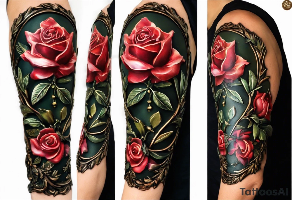 this ins meant to be a collage style that will cover the forearm from the wrist to elbow. Give me an olive branch on wirst at bottom shaped like a manura lamp. A cross above that with smallers olive and rose branches and roses arount it with a crown above the cross on bothe sides small hebrew letters that say king of glory and the other says yeshua messiah in hebrew tattoo idea