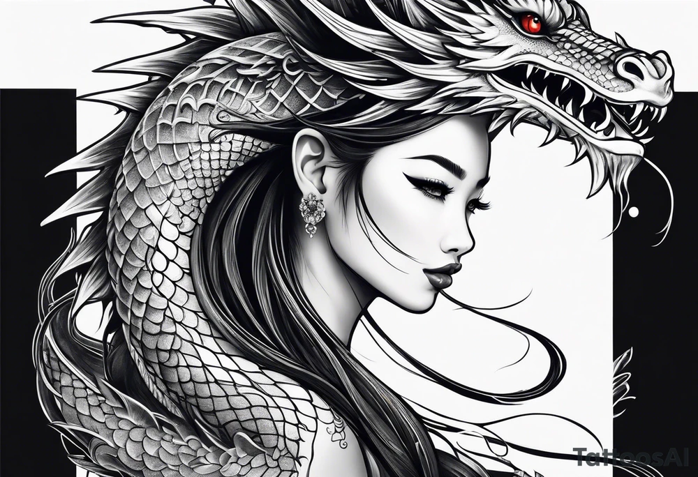 Long dragon long swirly tail girl tattoo idea