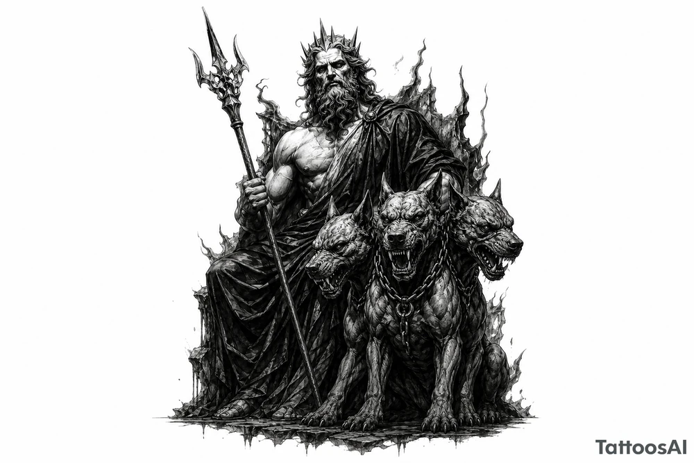 Hades with Cerberus in a dark, mythological style. tattoo idea