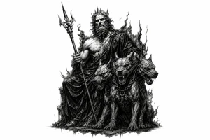 Hades with Cerberus in a dark, mythological style. tattoo idea