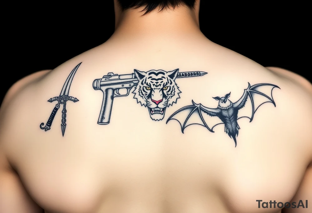 Anime design featuring Kuwabaras spirit Sword, Yusukes spirit gun, Toradoras palm top tiger, and the Deimon devil bat tattoo idea