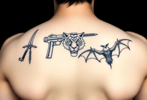 Anime design featuring Kuwabaras spirit Sword, Yusukes spirit gun, Toradoras palm top tiger, and the Deimon devil bat tattoo idea