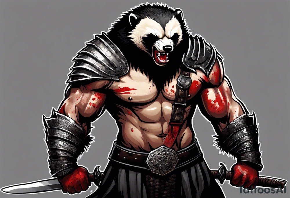 Draw me psychopath Honey Badger/Berserker with aggressive full body, killer face with a scary smile, very long nails and he attacks like a Bloody Assassin/Warrior/Gladiator to us and also, he has very deadly looking. He fights with his nails only. Everybody scares after their first sight. Give me horror type Badger Tattoo. I want to see his Realistic full body with no weapons. You can show destruction at the back. tattoo idea
