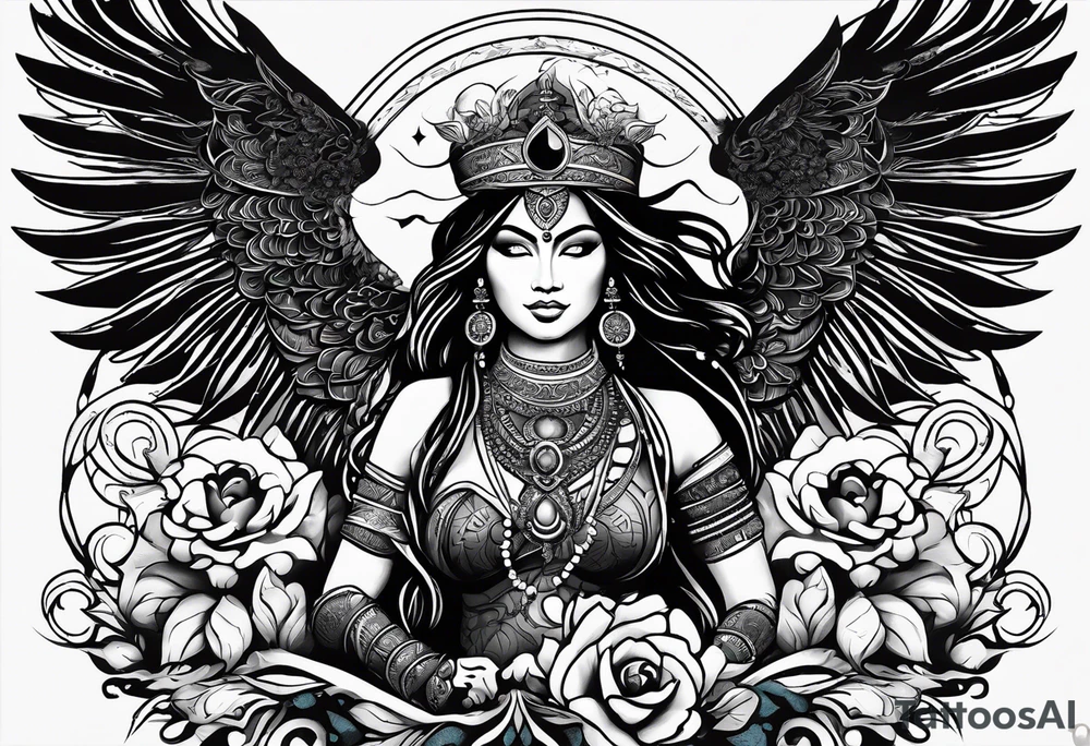 black kali, goddess pirate, alien, angel, pachamama, valkrye, warrior, flying, skull, lotus azul, wing, eagle, zenza resonance, stars, 5D, anahata chakra, death, durga, riding on a tiger, flying lady, kundalini, chest tatoo, samuri, rebel tattoo idea