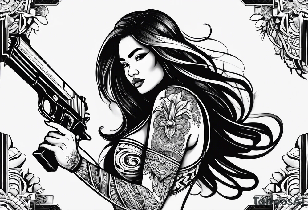 polynesian girl plays with gun tattoo idea