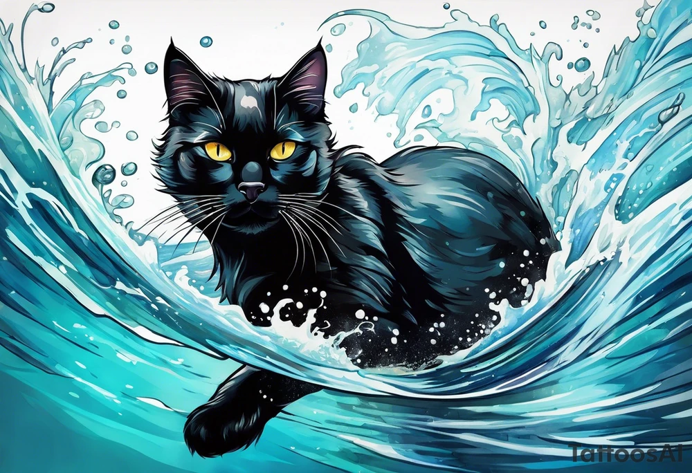 Black cat swimming in a pool tattoo idea