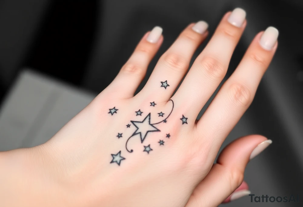 tattoo on back of hand and around fingers that includes stars and had a cool design made of lines tattoo idea