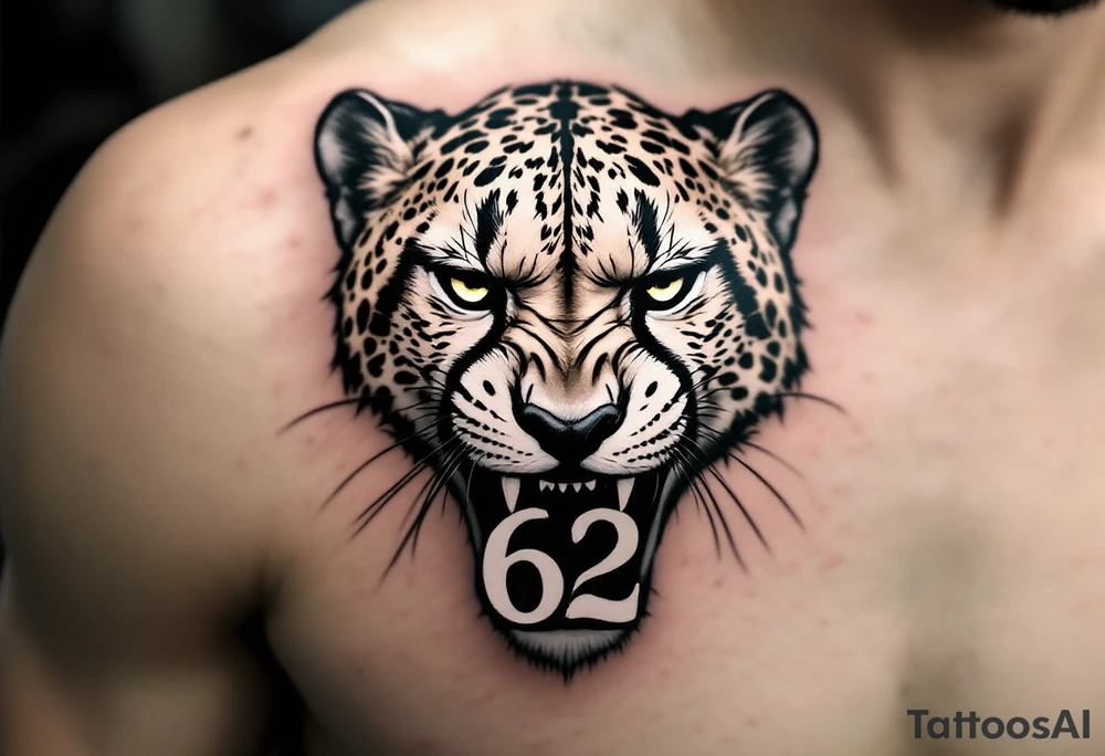 angry cheetah with the number 62 in its mouth tattoo idea