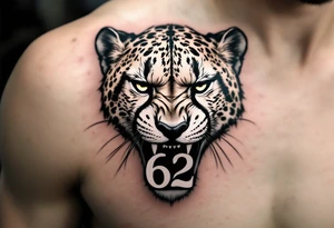 angry cheetah with the number 62 in its mouth tattoo idea