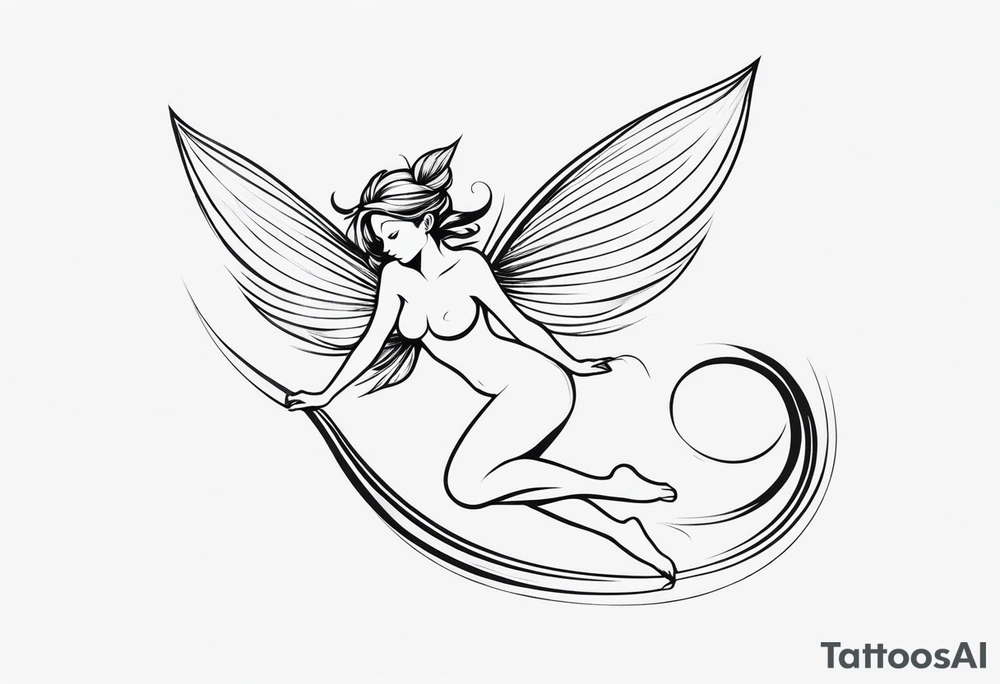 Minimalistic, monochromatic fairy with a tail flying to the left in a fetal position, leaning and looking in the same direction, with visible hands, embodying the 'Fairy Tail' logo aesthetic. tattoo idea