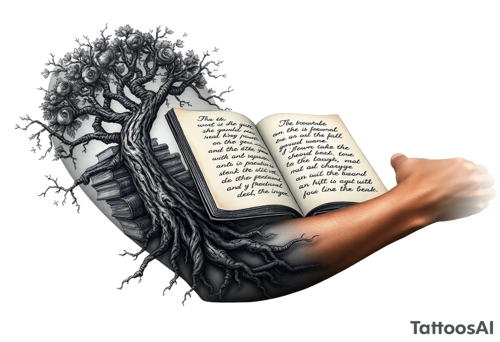 Dark 
tree of knowledge with books connected as roots stacked up and an open journal with beautiful cursive writing at tattoo idea