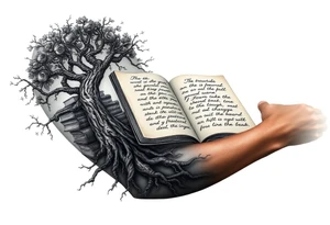 Dark 
tree of knowledge with books connected as roots stacked up and an open journal with beautiful cursive writing at tattoo idea