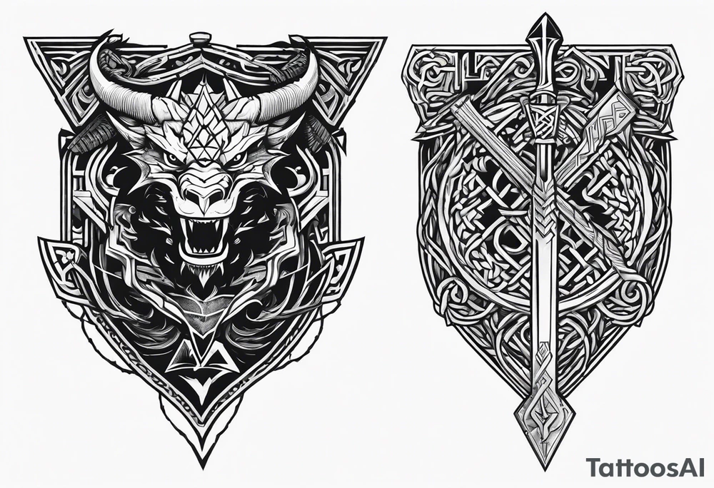 Valhalla sword shield dragon axe Valknut barbed wire chains tattoo idea Valhalla sword shield dragon axe Valknut barbed wire chains tattoo idea