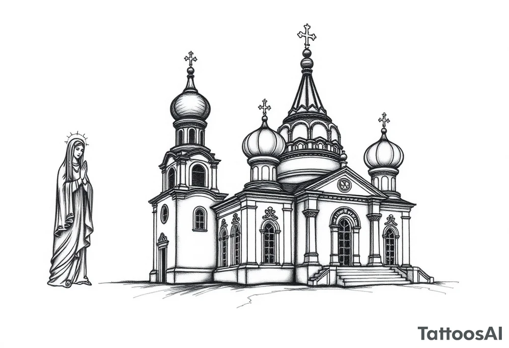 Russian orthodox church with bulb domes with a prominent russian orthodox style virgin mary stood outside to the left russian themed tattoo idea