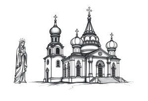 Russian orthodox church with bulb domes with a prominent russian orthodox style virgin mary stood outside to the left russian themed tattoo idea