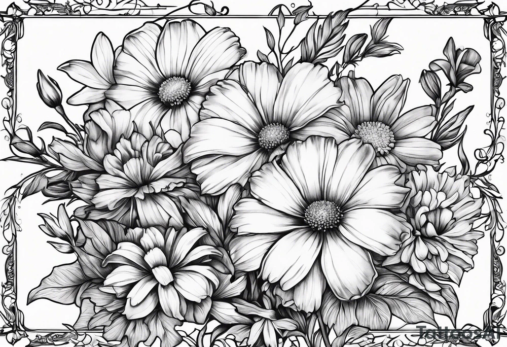 one larkspur, one carnation, one violet and one daisy with stems  and tied together with bow tattoo idea