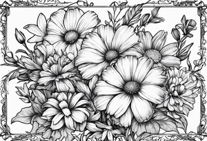 one larkspur, one carnation, one violet and one daisy with stems  and tied together with bow tattoo idea