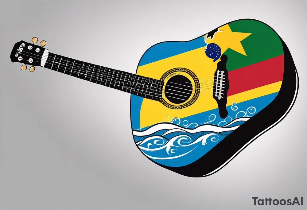 acoustic guitar with divided
 diagonally with one side with the flag of curacao, the other with some reggae colors. on the outside of the guitar, the side with the curacao flag to adorned with some beach or sea creature theme, like a sea turtle. The side with the reggae to have some music notes flowing out tattoo idea
