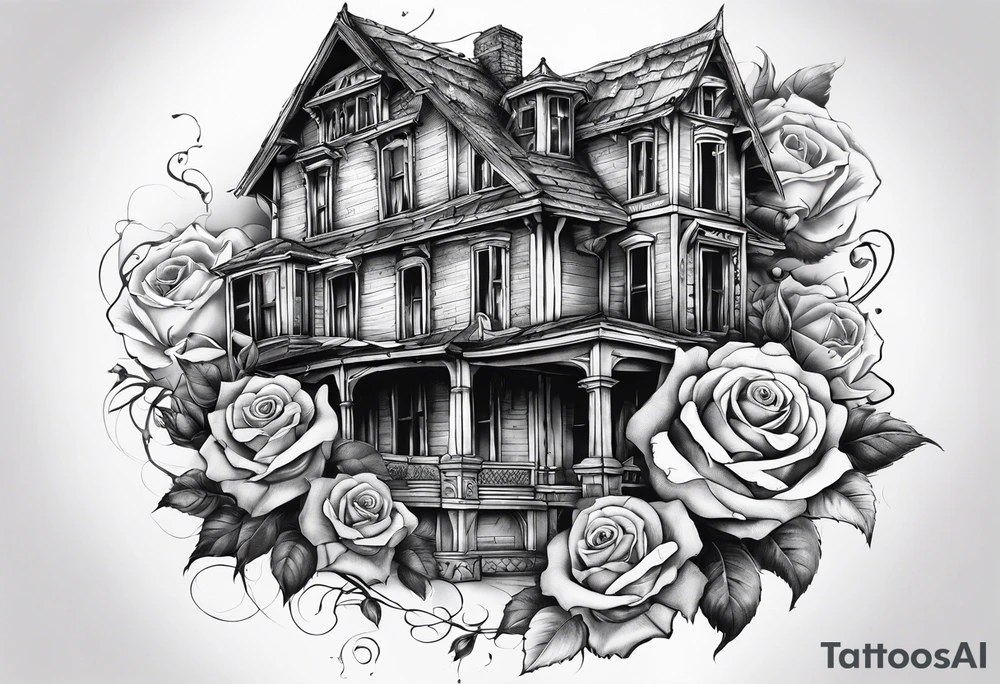fool sleeve,, abandoned old gotic house, broken sword, roses, tattoo idea
