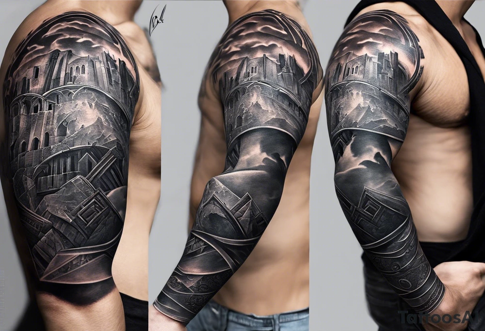 Certainly! Here's the updated description for a bicep and upper arm tattoo:

---

**Tattoo Description:**

**Design:** Black and gray detailed illustration.
**Location:** Bicep and upper arm.
**Concept:** Scene from Dante's Inferno, inspired by Gustave Doré's illustrations.

**Details:**

1. **Main Elements:**
   - A dark forest with towering trees and rocky terrain.
   - Two small figures standing at the entrance of a dark cave, symbolizing the descent into hell.
   
2. **Style:**
   - Detailed line work capturing the intricate details of the forest and rocky environment.
   - Black and gray shading to create depth and contrast, emphasizing the eerie and foreboding atmosphere.

**Overall Feel:**
   - A haunting and dramatic scene that evokes the mysterious and ominous journey through Dante's Inferno.

---

This version is tailored for the bicep and upper arm, providing a clear and concise vision for your tattoo artist. tattoo idea