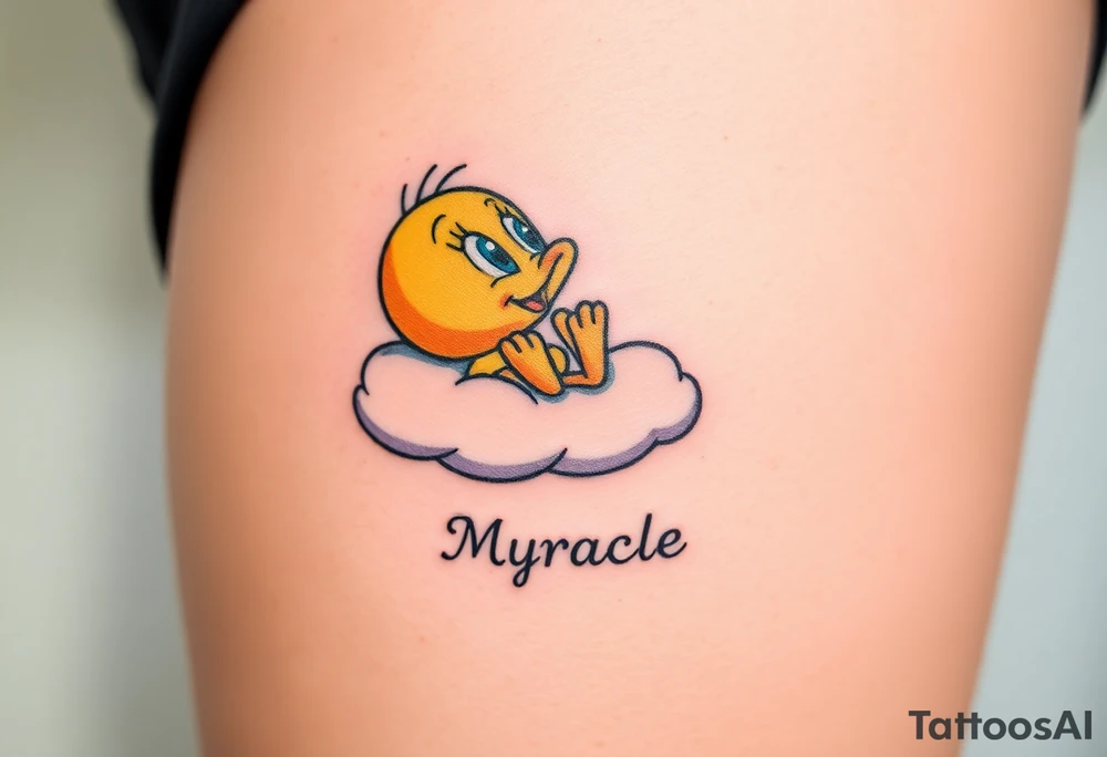 Tweety Bird laying on a cloud with his head in his hands looking up at the sky. Under the cloud in small capital letters is the name Myracle Blessing tattoo idea