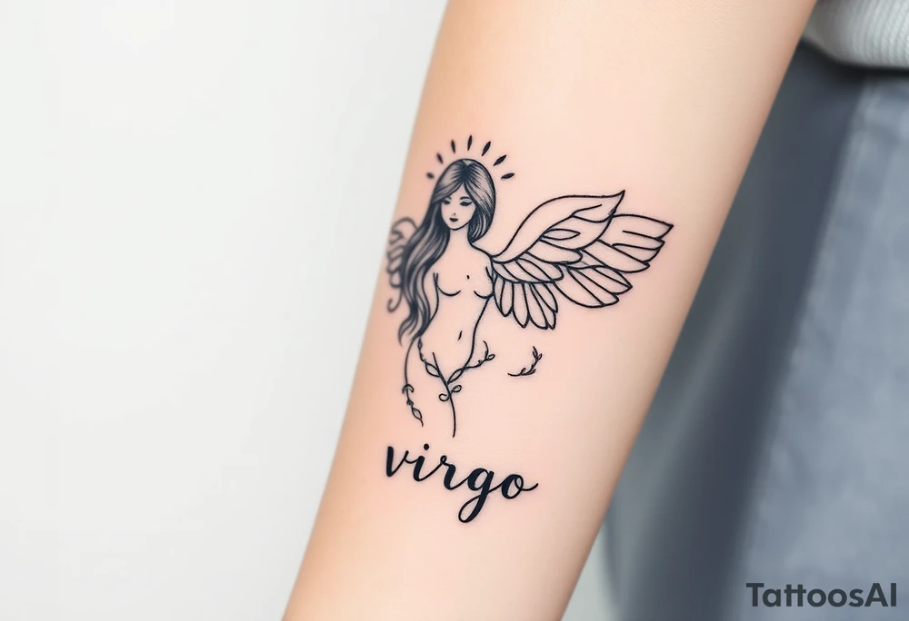 A divine woman with  wings made of delicate lace and vines, symbolizing Virgo’s purity and the word virgo tattoo idea