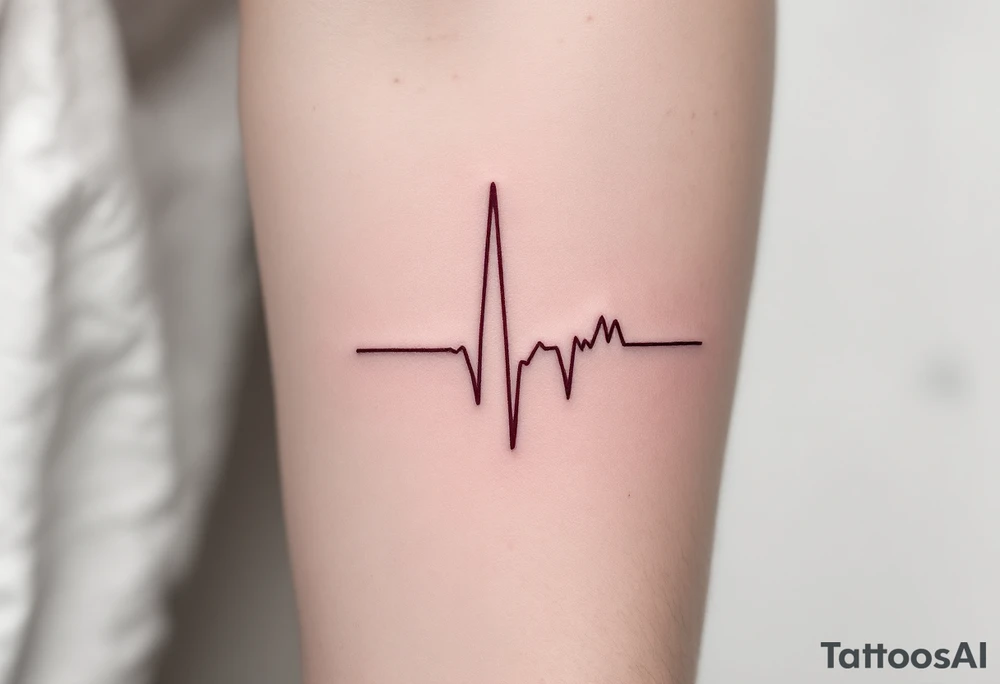 Delicate heartbeat line ending in "Lucie – 06.08.2016 v 2:22" in wine red ink. tattoo idea