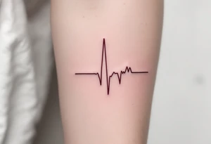 Delicate heartbeat line ending in "Lucie – 06.08.2016 v 2:22" in wine red ink. tattoo idea