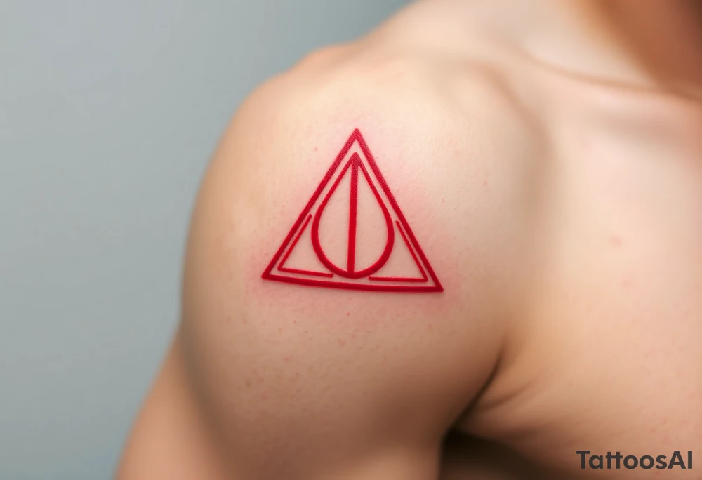 A minimalist Deathly Hallows  full symbol outline in red, creating a mystical, luminescent effect on the skin tattoo idea