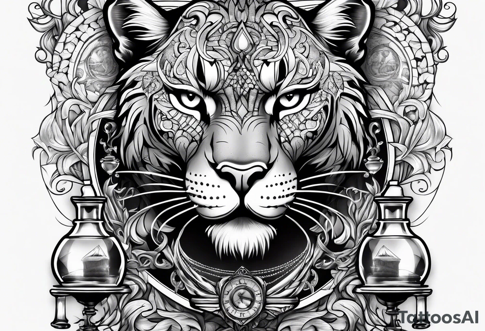 Brain and angry cougar inside hourglass tattoo idea
