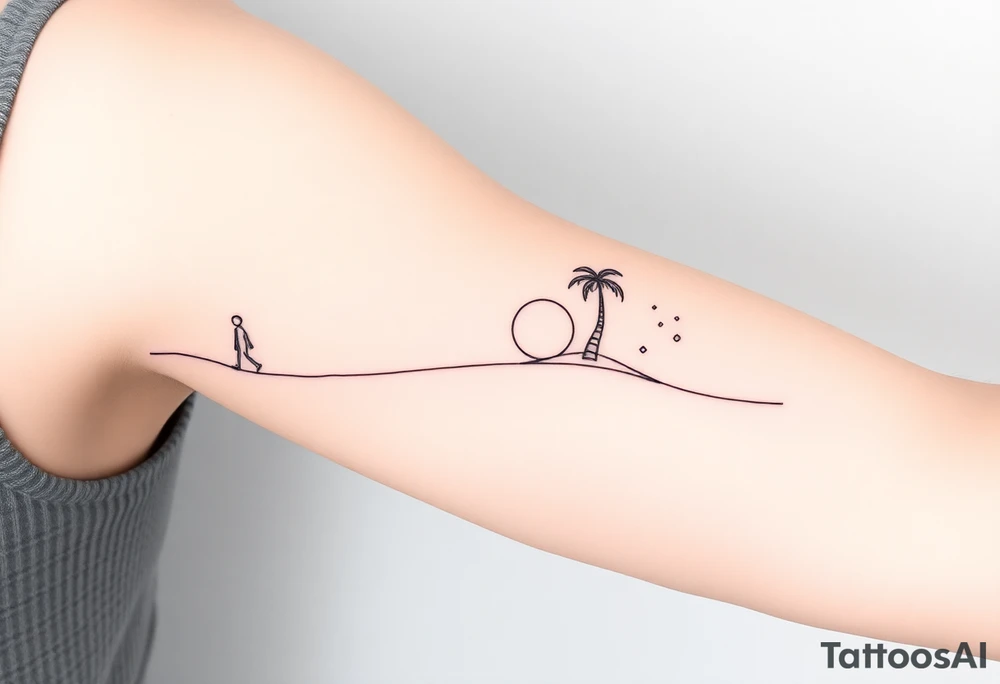Create a minimalist tattoo design that wraps around the upper right arm, just below the armpit and above an existing blackwork sleeve.

Design Flow:

The tattoo is connected by a thin, continuous line that wraps around the arm.

On the outer/front arm, place a small, minimal walking figure on the line, moving forward. The line should have a gentle wave under his steps to create movement.

The line continues to the inner arm, where a boy is sitting on the line (with his back to the viewer, legs dangling below the line).

To the right of the boy, place a slightly leaning palm tree growing from the line.

Behind or beside the tree, include a minimal sun, low on the horizon (simple circle or half-sun).

In the space above, softly scatter minimalist stars, mostly dots, with 2–3 sparkles or tiny diamond shapes.

Style Notes:

Keep everything in fine line / minimalist style, no heavy shading

Design should feel light, dreamy, and reflective — symbolizing balance between stillness and motion

Line should echo the flow of the existing tribal/blackwork arm band below, but not mimic or clash with it

The boy should sit directly under the palm and with the back to the viewer and the feet hanging from the line tattoo idea