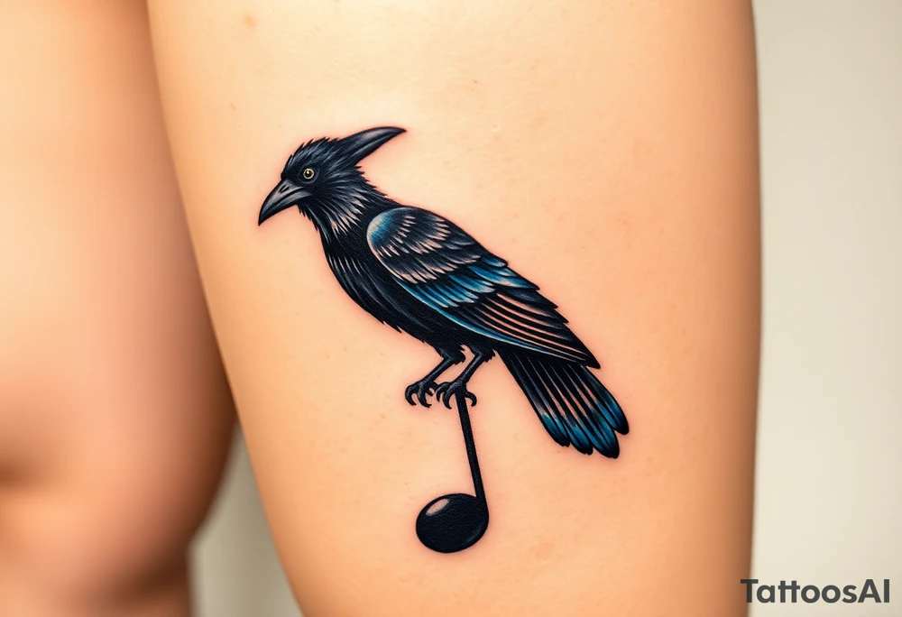 A crow perched on a distorted music note, with dark blues and blacks, symbolizing freedom and mystery in metal music. tattoo idea