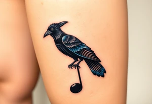 A crow perched on a distorted music note, with dark blues and blacks, symbolizing freedom and mystery in metal music. tattoo idea