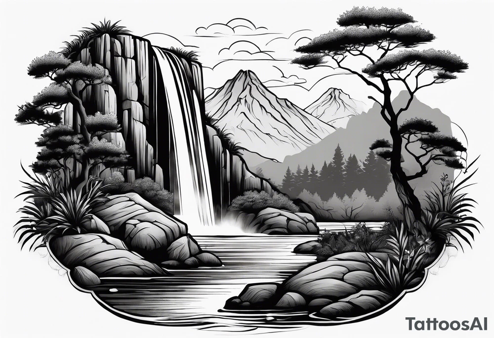 waterfall going into a river with a camp site in Australia tattoo idea