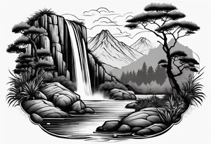 waterfall going into a river with a camp site in Australia tattoo idea