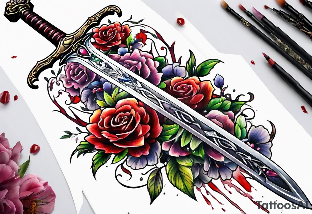 bloody sword with flowers tattoo idea