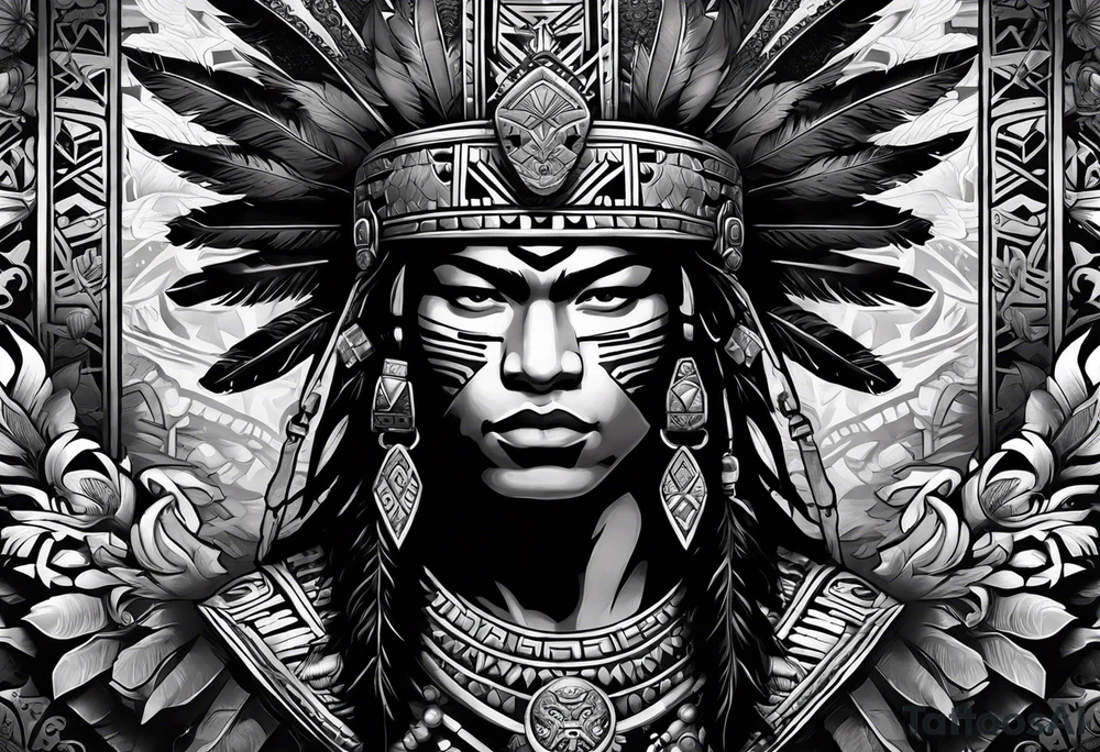 Aztec warrior with aztec symbols in the back ground and a tiger pelt on the warriors head tattoo idea
