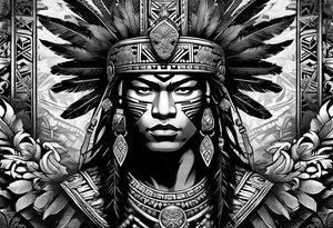 Aztec warrior with aztec symbols in the back ground and a tiger pelt on the warriors head tattoo idea