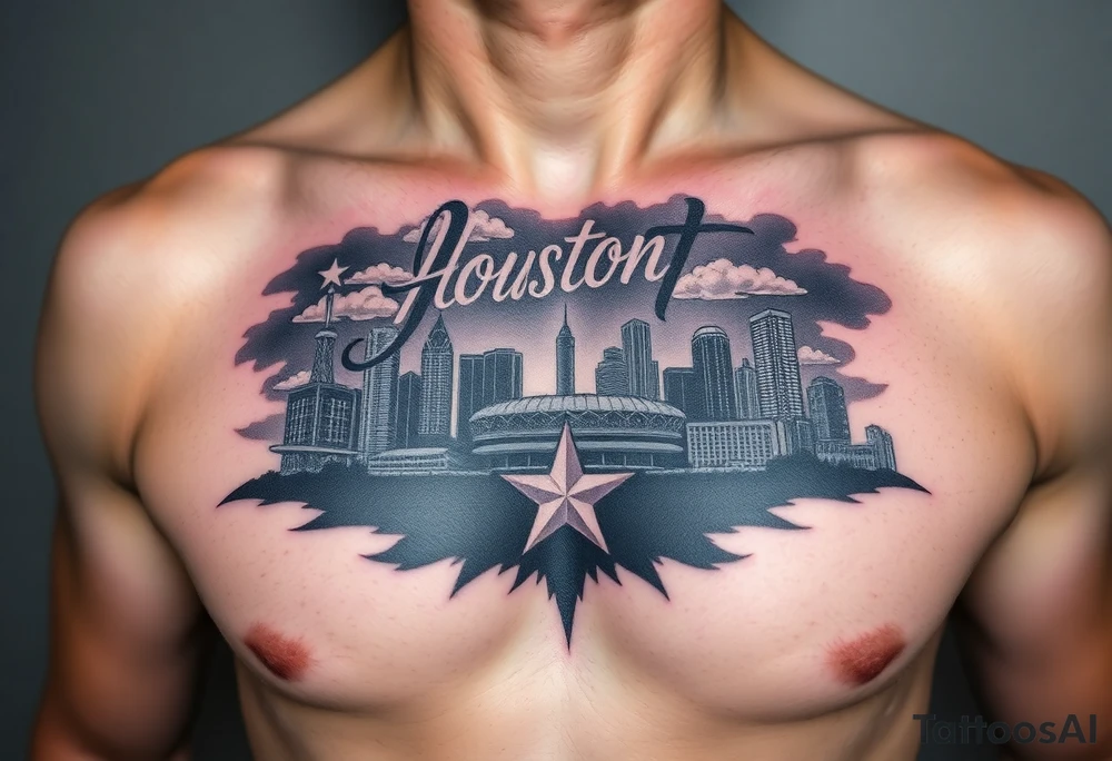 Houston texas skyline Behind houston astrodome, stars nighttime stars and clouds, Houston cursive in sky, Houston Astros star,fill in smoke stars in space, shooting astros star, shooting Houston rockets, money tattoo idea