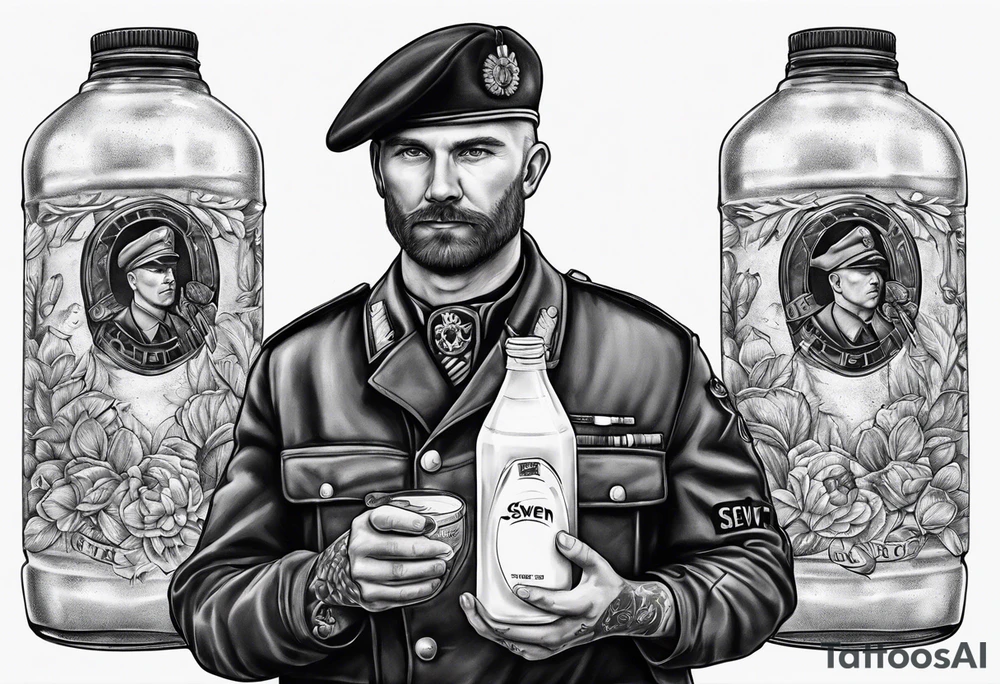 sven is a german doctor and soldier he holds a bottle of milk in one hand and a knife in the other tattoo idea