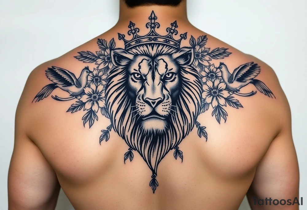 powerful majestic lion with a crown, surrounded by floral ornaments and birds tattoo idea