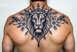 powerful majestic lion with a crown, surrounded by floral ornaments and birds tattoo idea