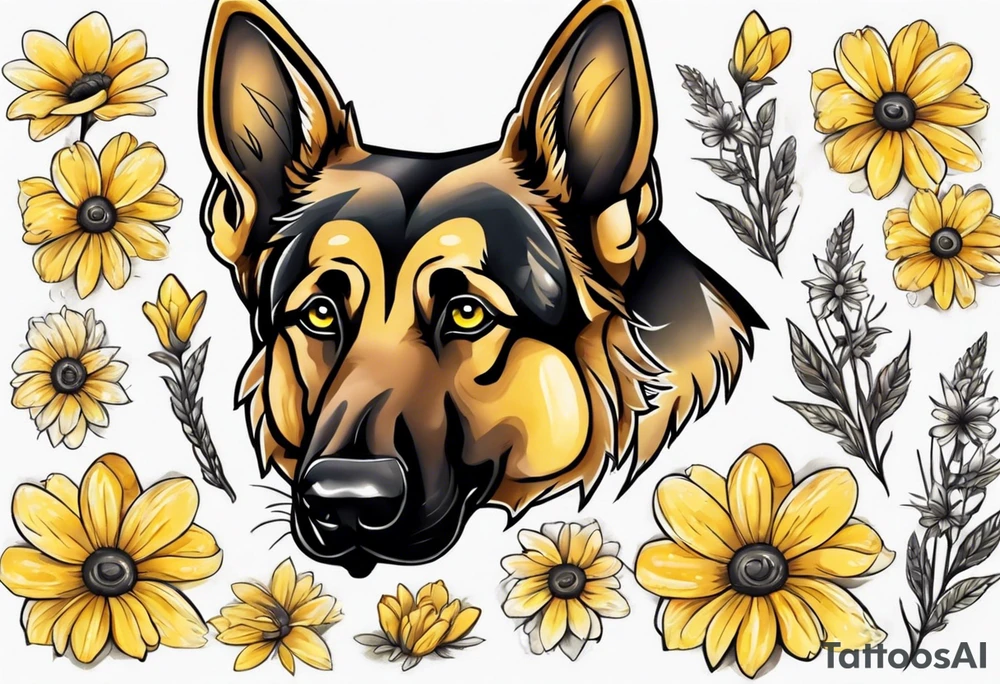 German shepherd portrait surrounded by yellow daisies tattoo idea
