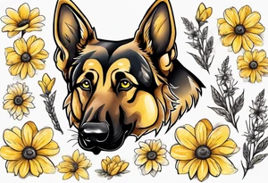 German shepherd portrait surrounded by yellow daisies tattoo idea
