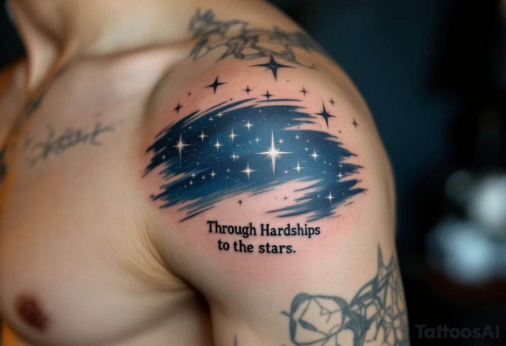 This tattoo combines quote “Through Hardships to the stars” with silver star trails over a midnight blue sky on the upper arm. tattoo idea