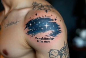 This tattoo combines quote “Through Hardships to the stars” with silver star trails over a midnight blue sky on the upper arm. tattoo idea