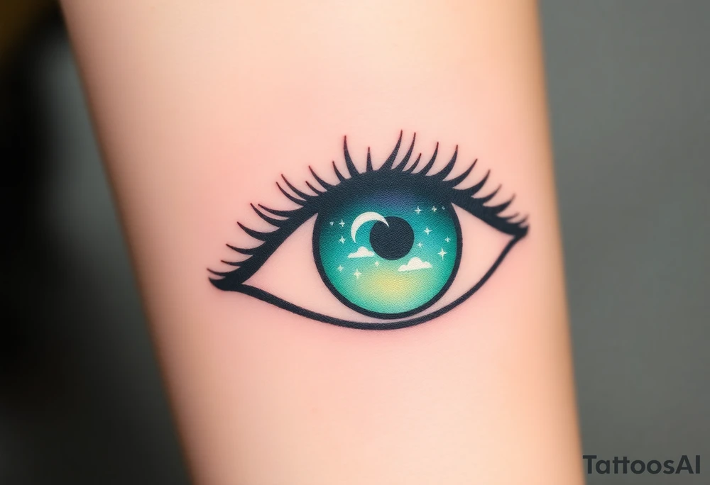 Large outline of an eye shaped like an almond with eye colored greenish blue with long pretty black eyelashes + spade inside of the eye + a crescent moon stars and clouds inside of the eyeball only + using vivid colors like blue green purple light blue light green light purple tattoo idea