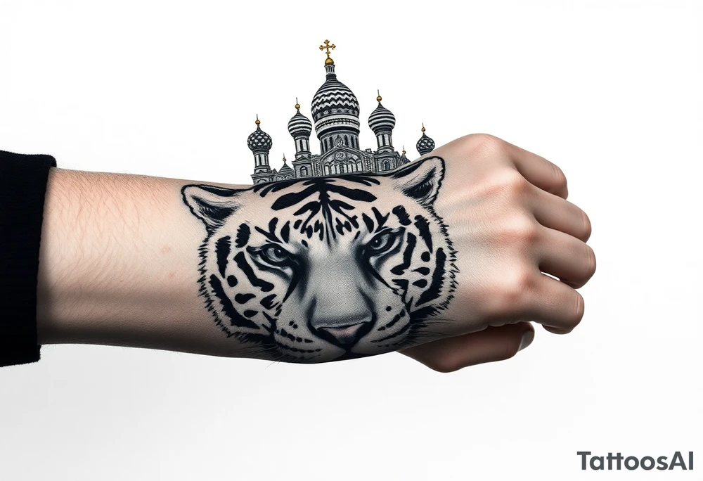 Realistic tiger face on the back of the hand with strong contrast and fine detail with all black eyes. then a highly detailed Russian Orthodox cathedral sitting above on the top fore arm with onion domes and orthodox crosses, done in fine line, engraving-like style. Cohesive composition, black ink only, no color, high contrast, slightly aged, documentary-style, plain light background. with clouds above and a virgin mary tattoo idea